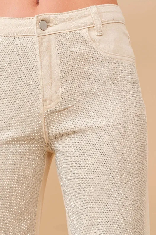 High Rise Rhinestone Suds At Front Denim Jeans Ivory
