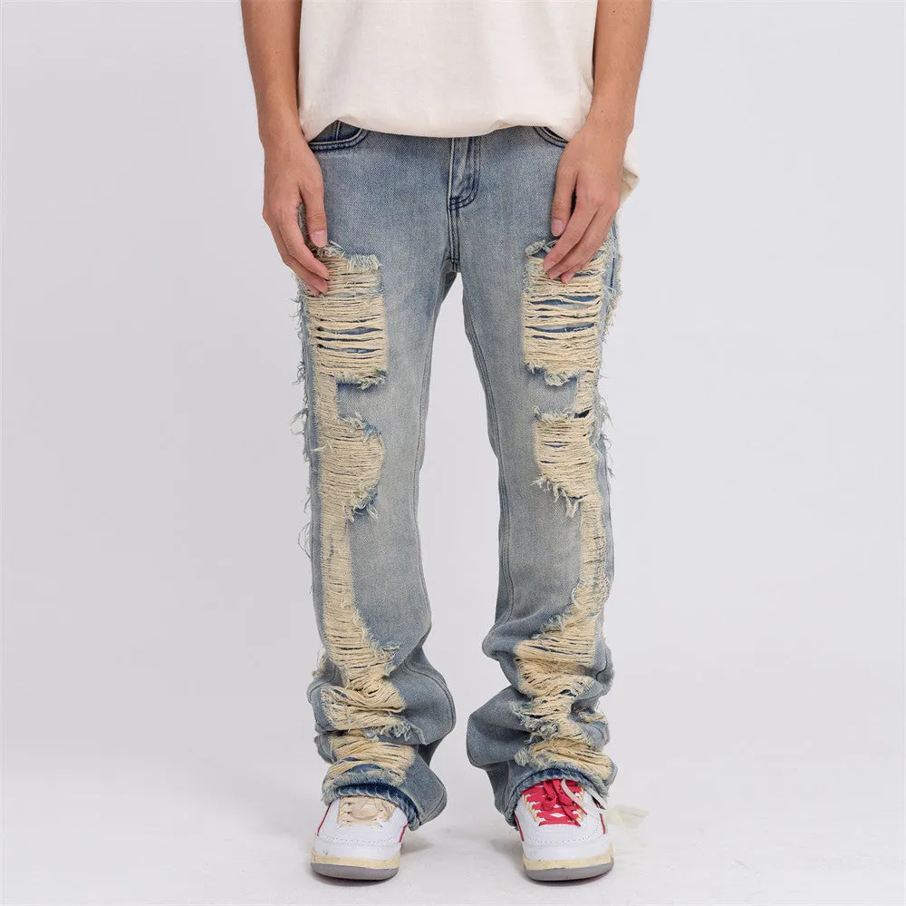 High Street Hand Scratched Whiskering Flare Jeans – Blue Denim