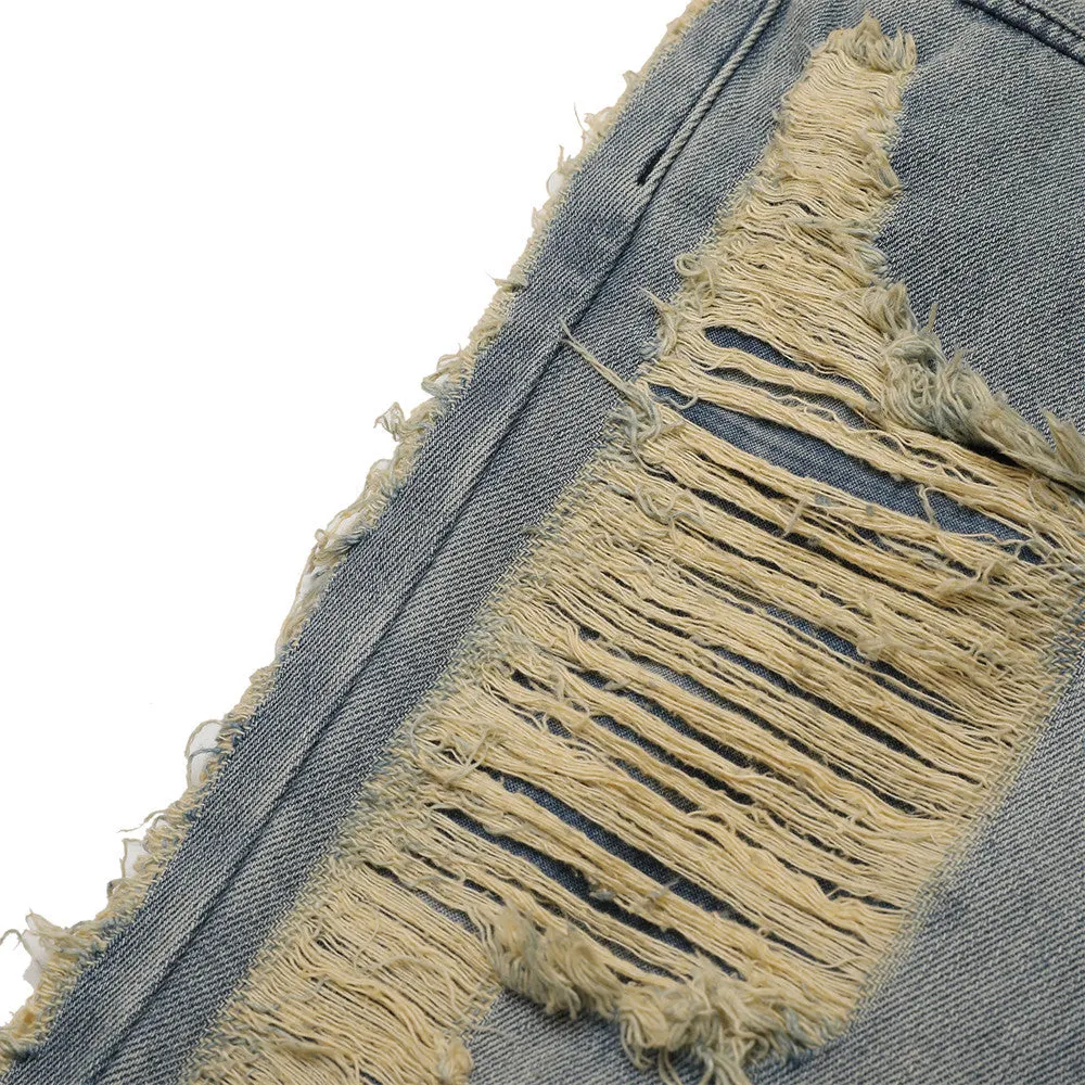 High Street Hand Scratched Whiskering Flare Jeans – Blue Denim