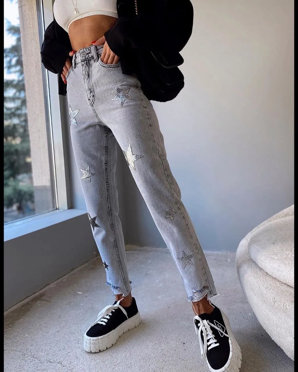 High Waist Mom Jeans Silver