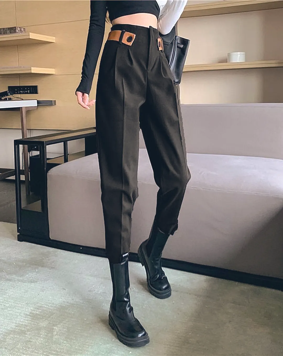 ♀High Waist Point Belt Pants