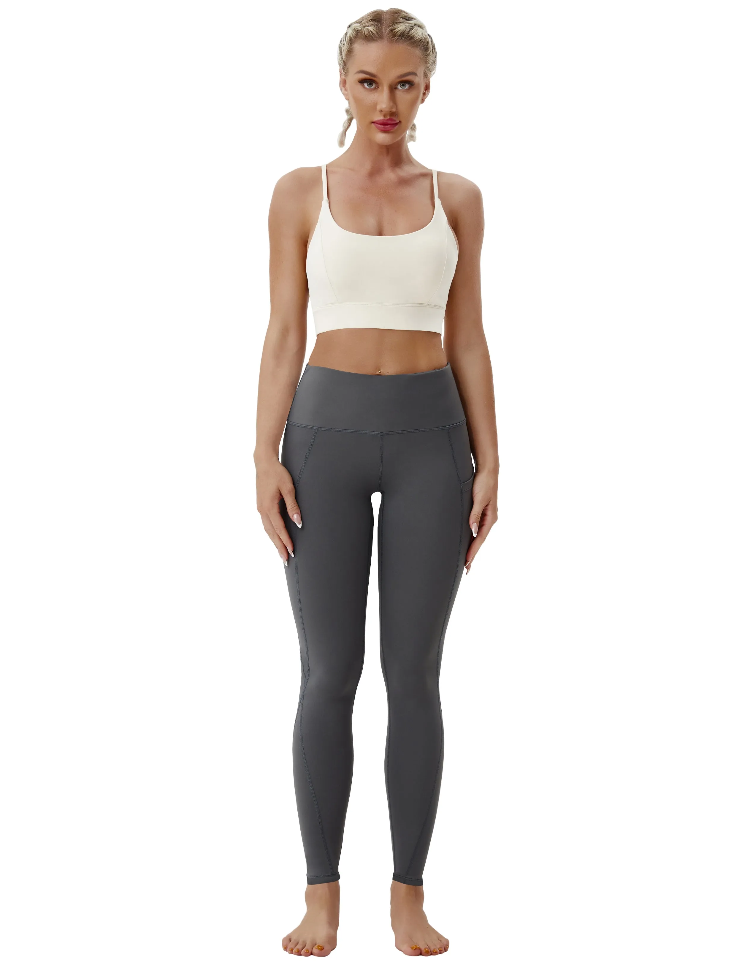 High Waist Side Pockets Running Pants shadowcharcoal_Running