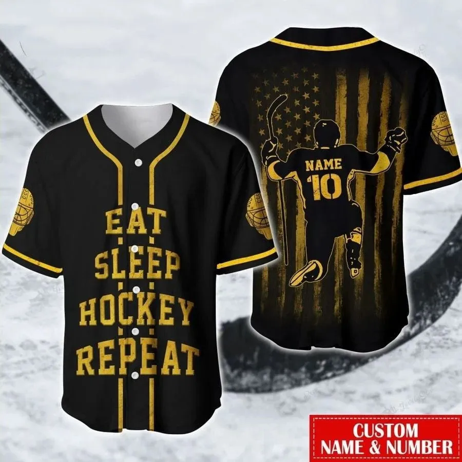 Hockey Eat Sleep Flag Personalized Baseball Jersey, American Flag Hockey Shirt