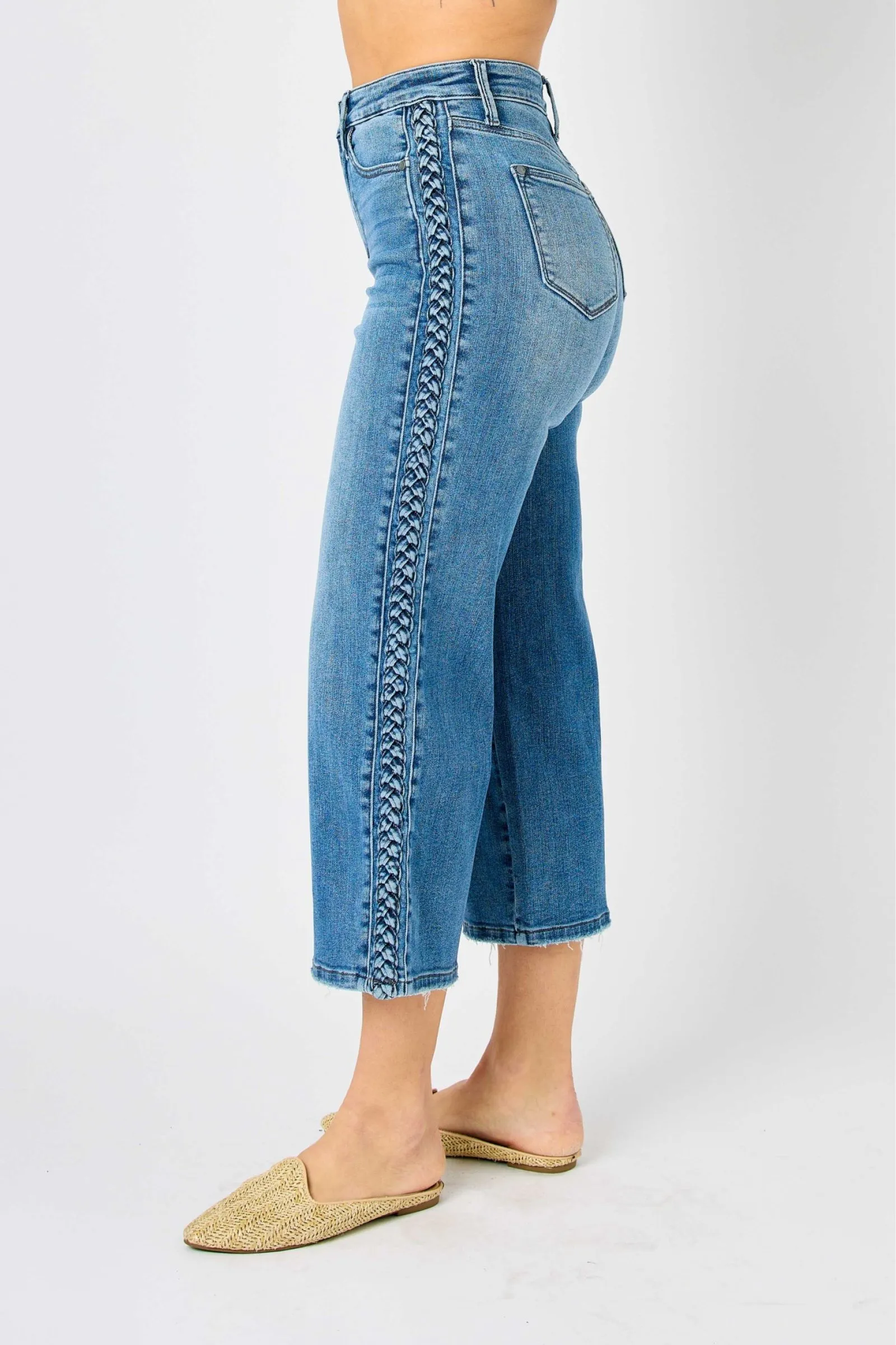 Judy Blue High Waisted Braid Detail Crop Wide Pant