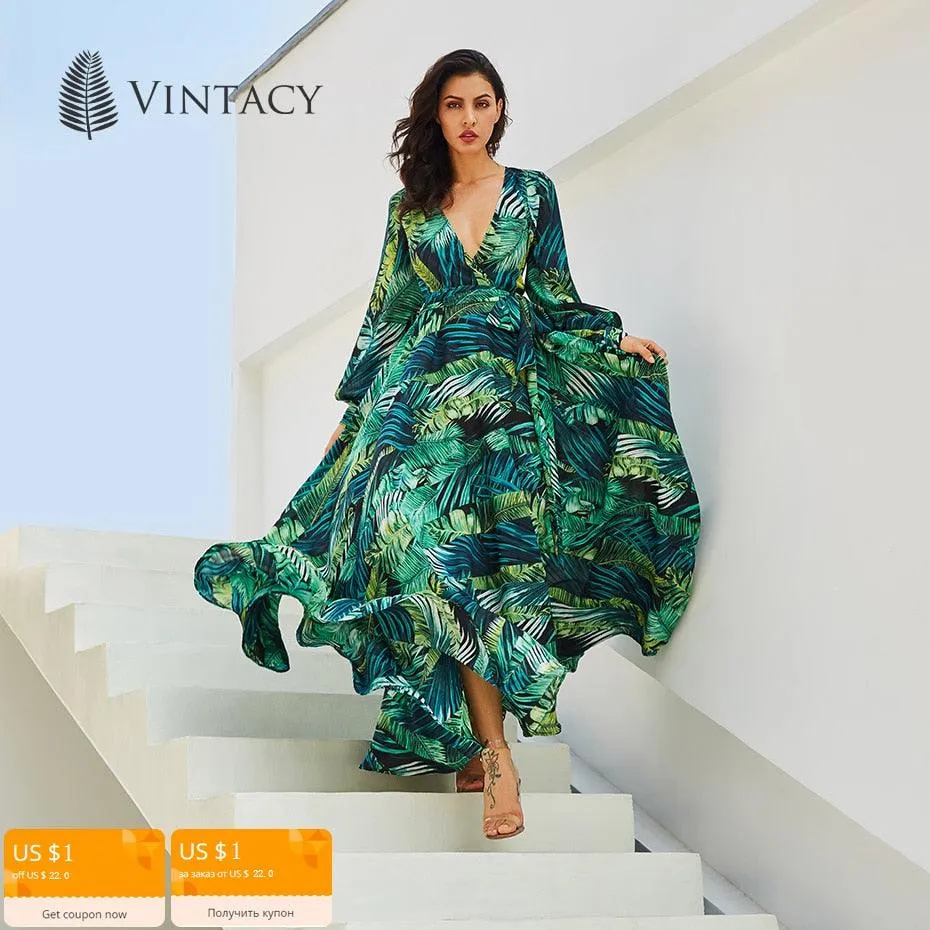 Long Sleeve Dress Tropical Green