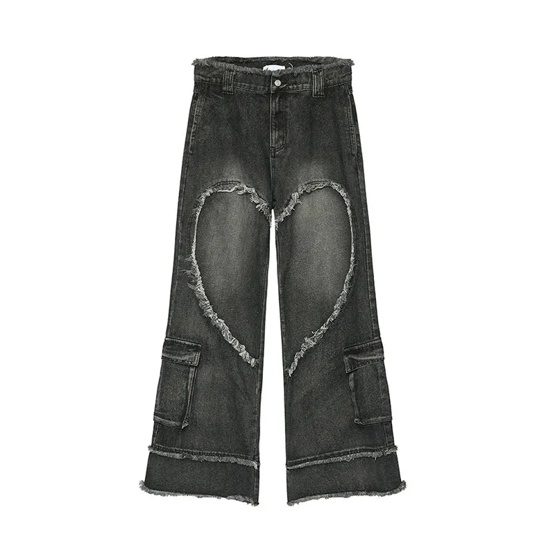 Male Jeans Personalized Design Raw Edge Straight Trousers Pocket Autumn Trendy Washed Denim Pants Trend 9C5091
