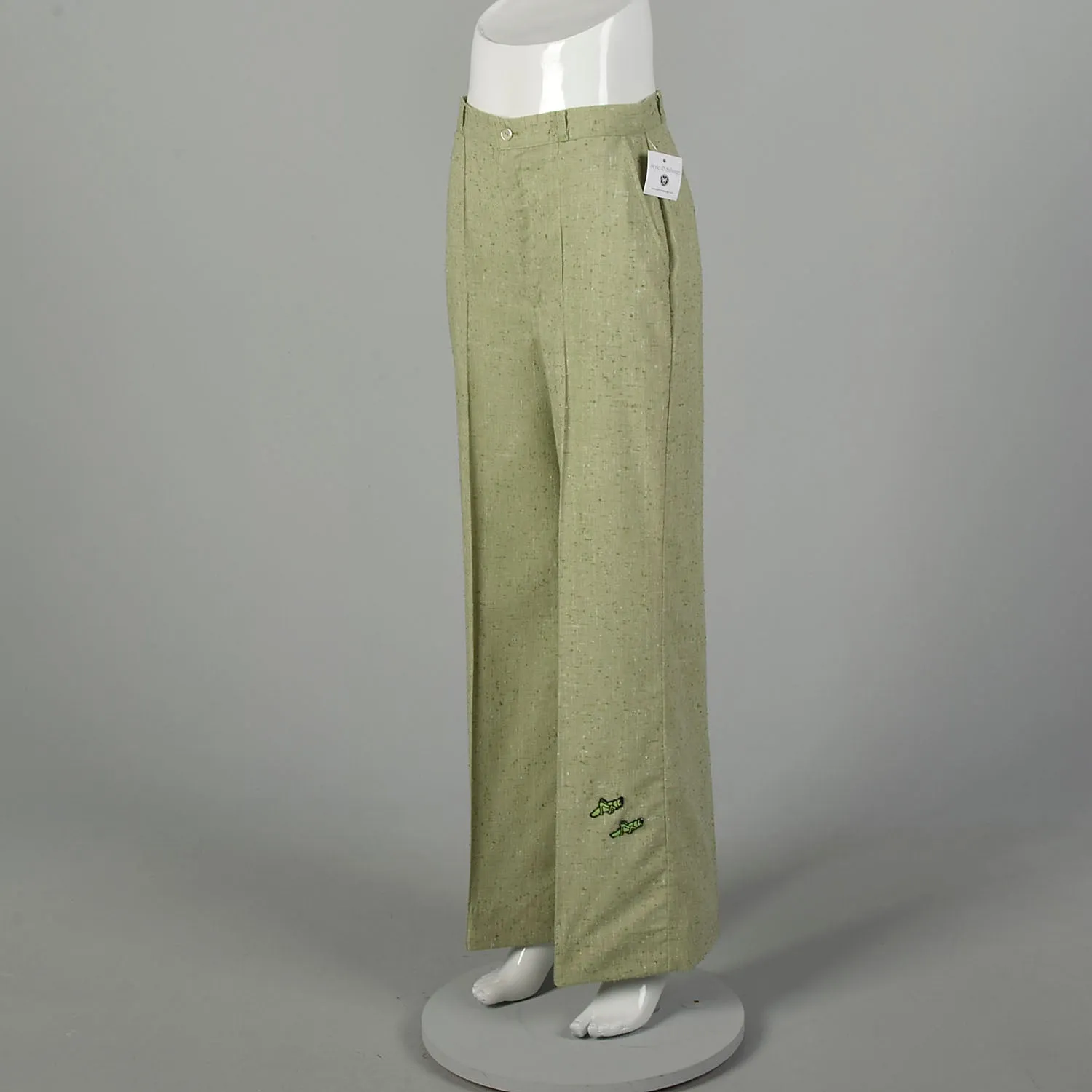 Medium 1970s Pants Green Grasshopper Applique Wide Leg High Waist