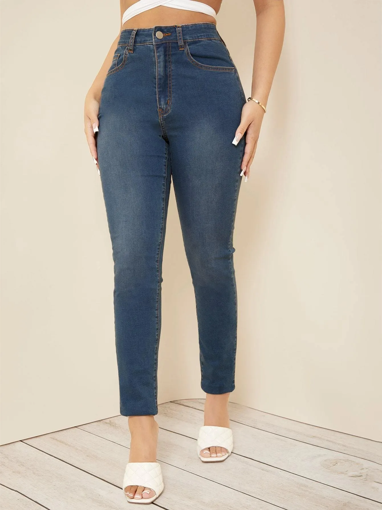 Medium Washed High Waist Cropped Skinny Jeans