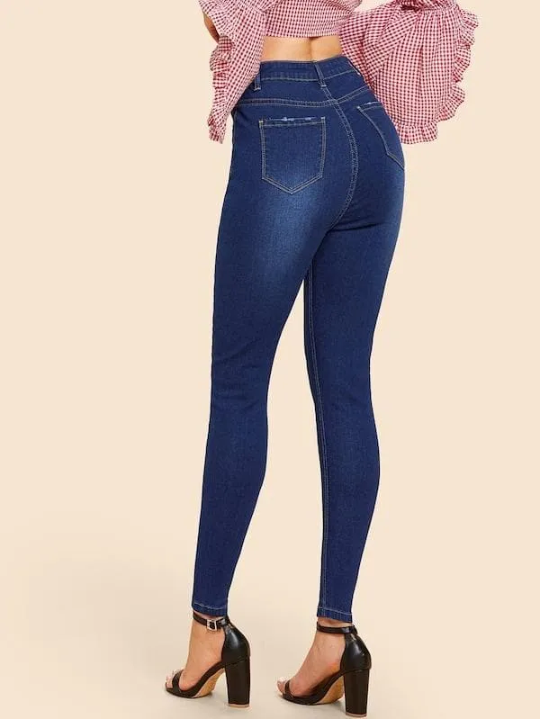 Mid Waist Dark Wash Button Up Skinny Jeans
