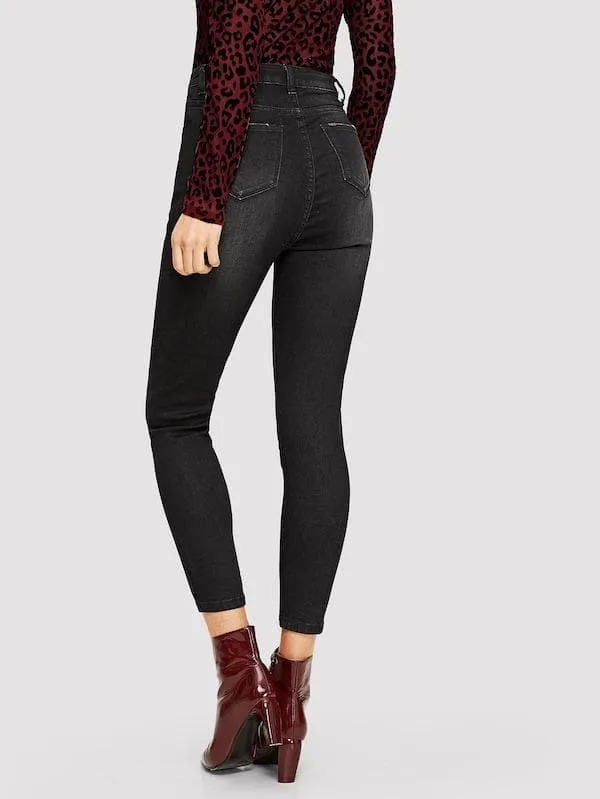 Mid Waist Dark Wash Button Up Skinny Jeans