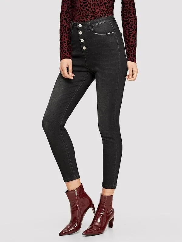 Mid Waist Dark Wash Button Up Skinny Jeans