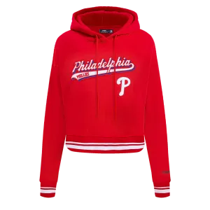 MLB PHILADELPHIA PHILLIES SCRIPT TAIL WOMEN'S RIB FLC CROPPED PO HOODIE (RED)
