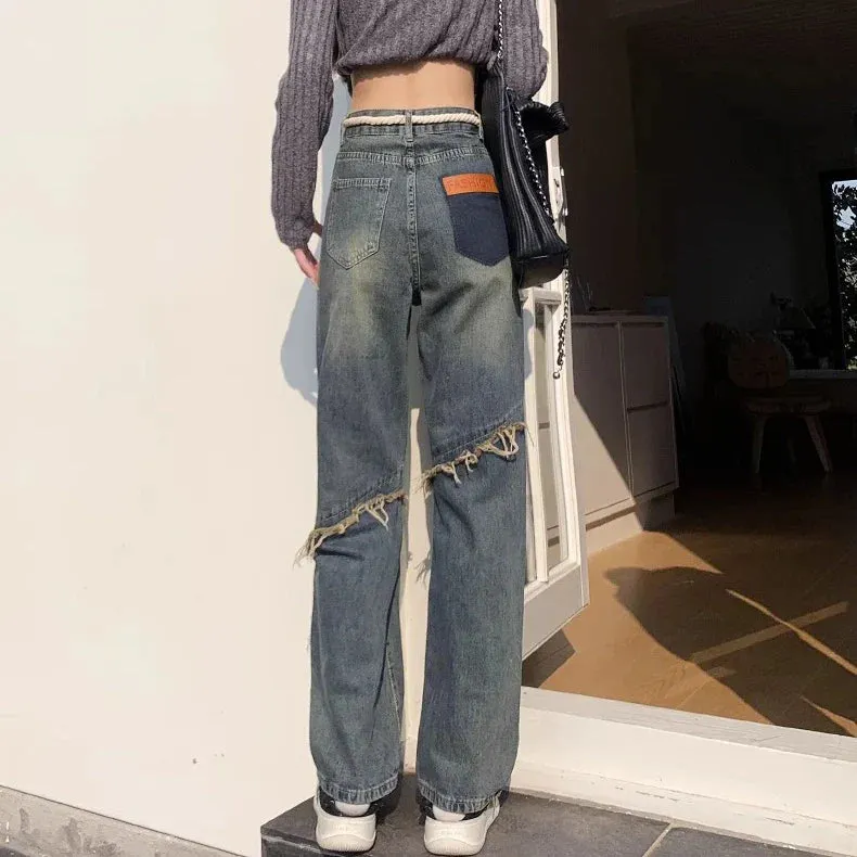 Mujer Primavera Empalme Sentido Cintura Alta Suelta Pantalones Delgados Marea Jeans