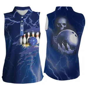 Personalized bowling sleeveless polo for women blue lightning Team skull, Idea Gift for Bowling Team
