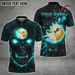 Personalized Name Team Billiards Ball 9 Skull Fire Polo Shirt, Billiard Skull Lover