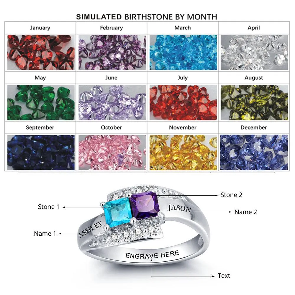 Personalized Sterling Silver Ring for Couples - Engrave Two Custom Names, One Phrase, and Cubic Zirconia Birthstones - Unique Gifts