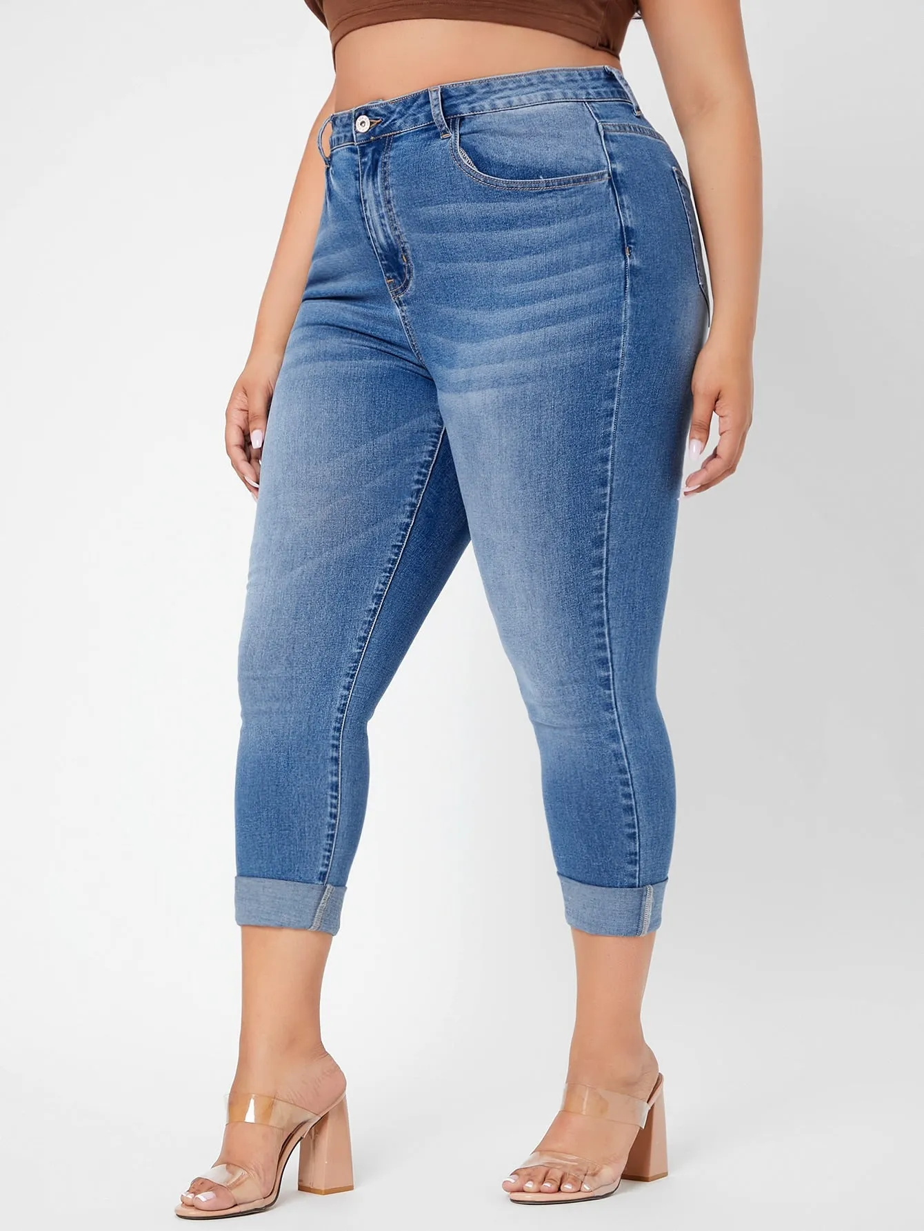 Plain Cat'S Whiskers Natural Capris Plus Size Jeans