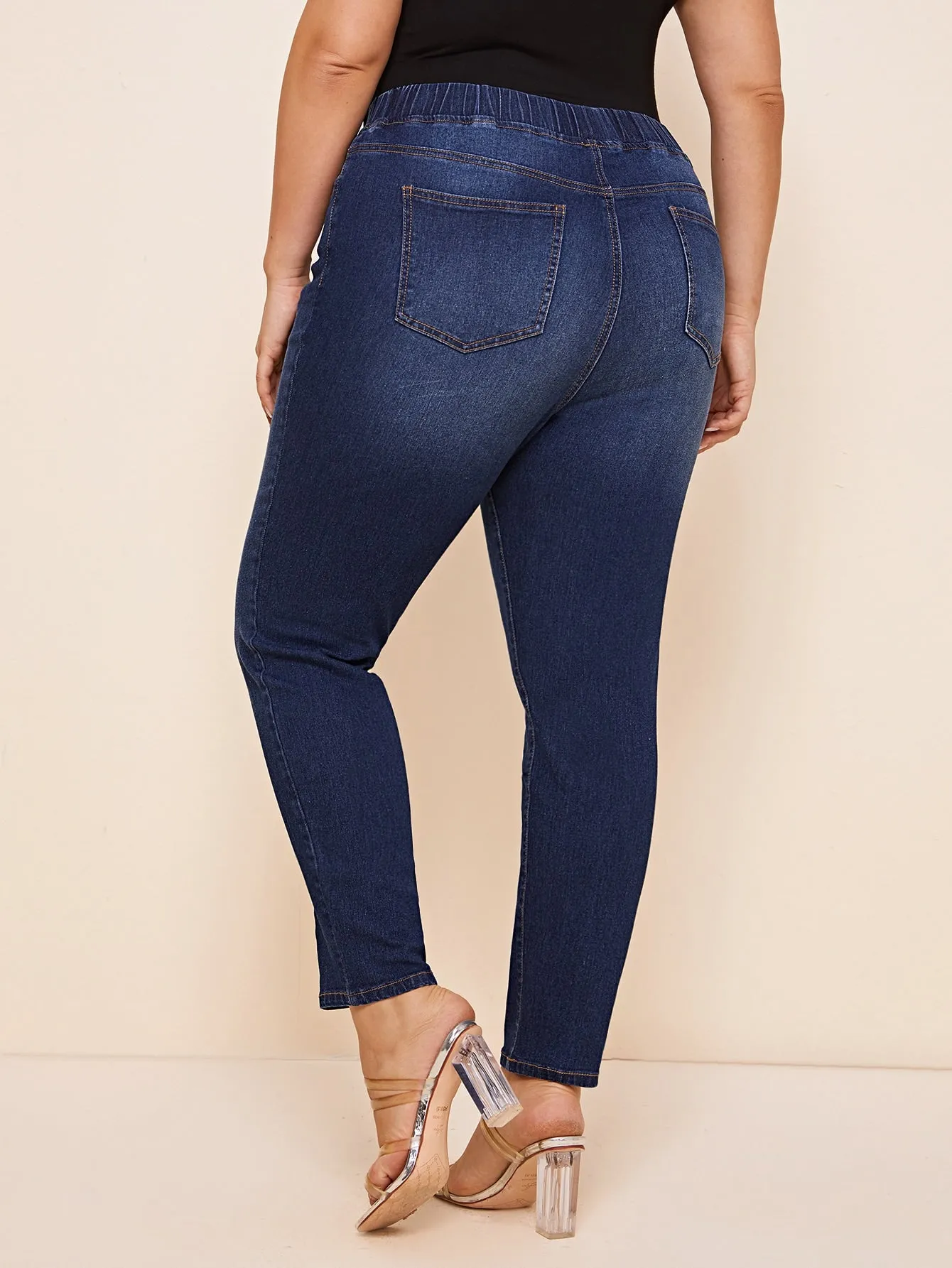 Plain Shirred Drop Waist Long Plus Size Jeans