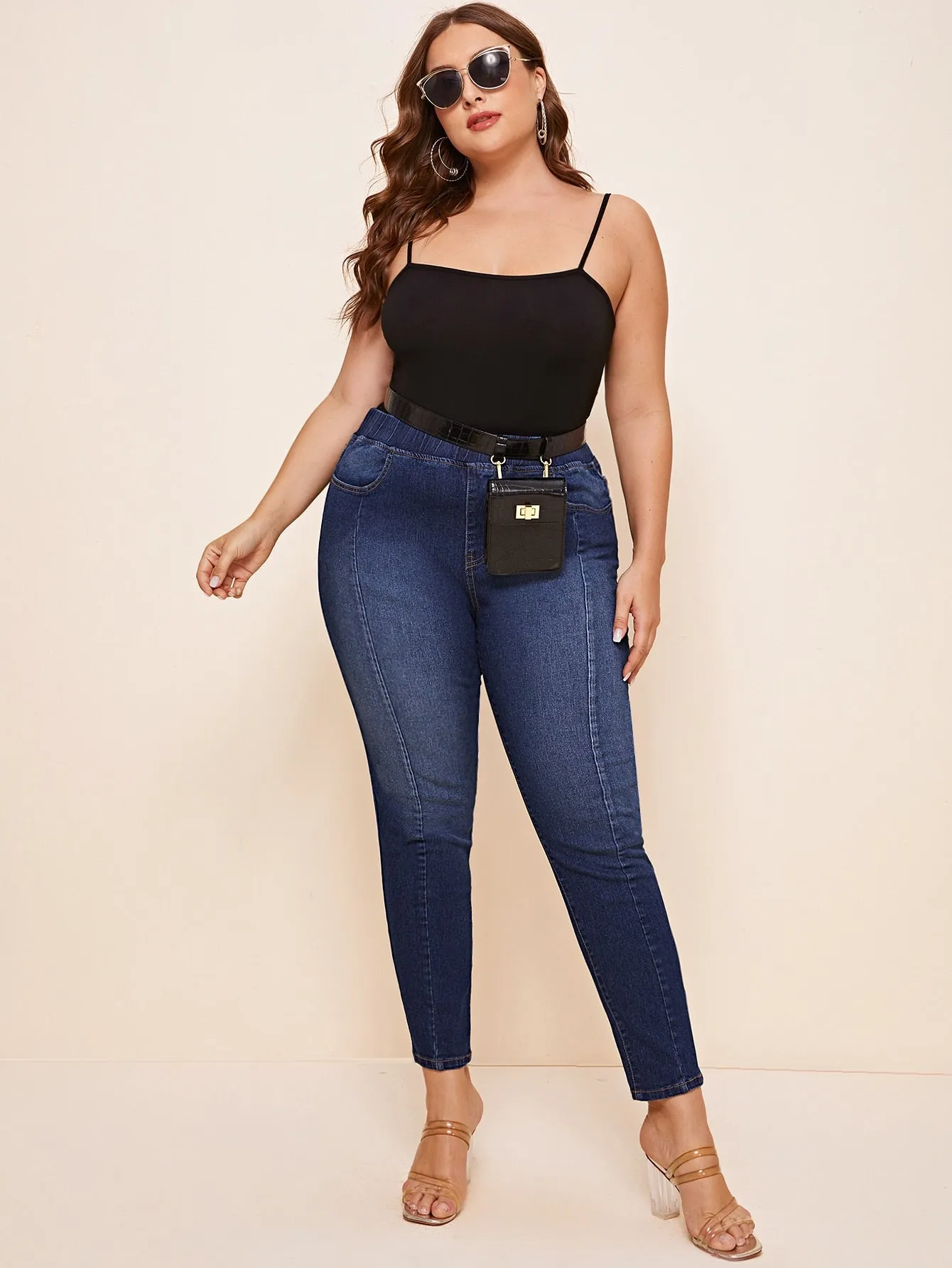 Plain Shirred Drop Waist Long Plus Size Jeans