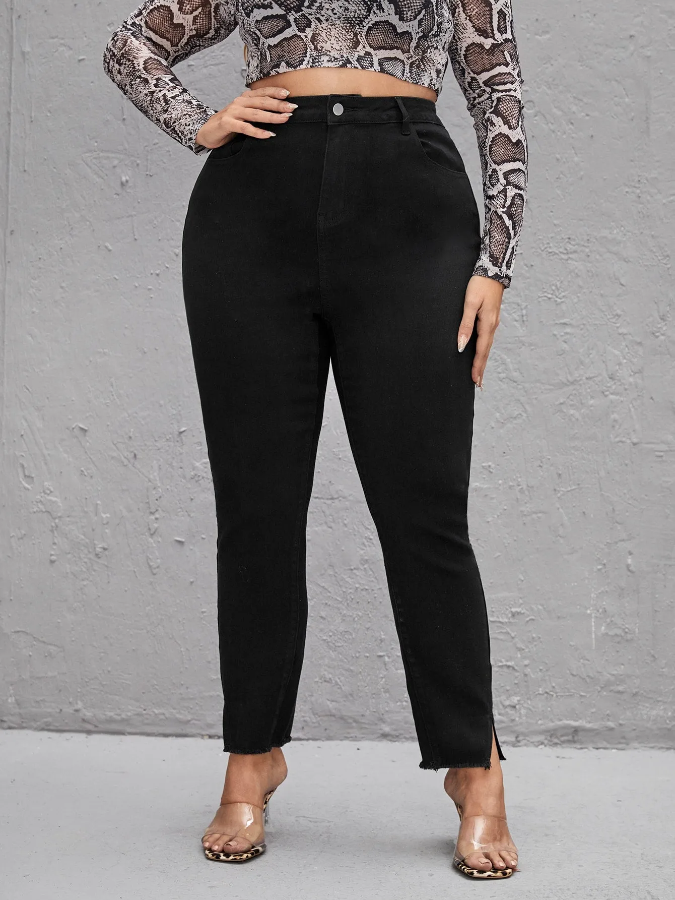 Plain Split Natural Cropped Plus Size Jeans