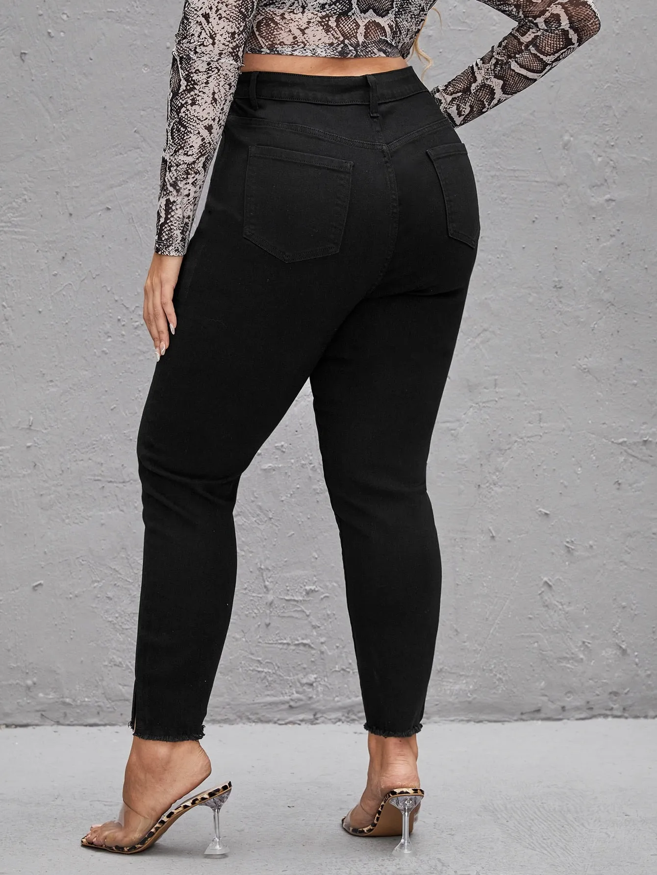 Plain Split Natural Cropped Plus Size Jeans