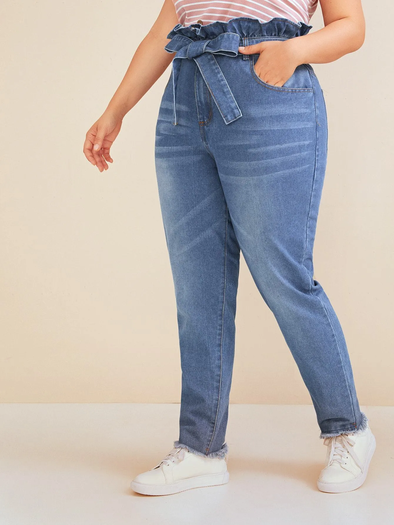 Plus Paperbag Waist Raw Hem Belted Jeans