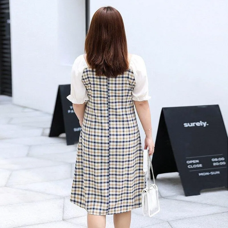 Print Plaid Square Collar Button Dress