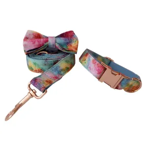 Rainbow Gradient Cotton Collar with Detachable Bow Tie Personalized Leash Set