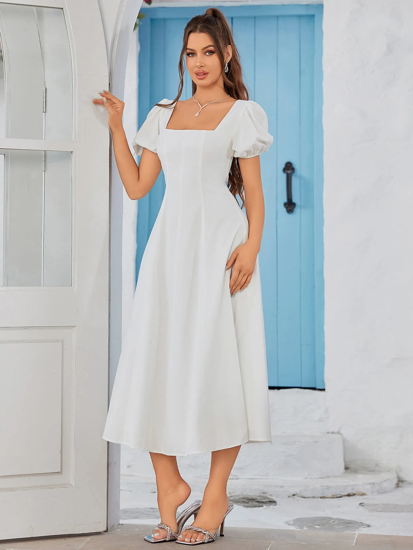 Square Neck Puff Sleeve Ruched Bust Midi Dress