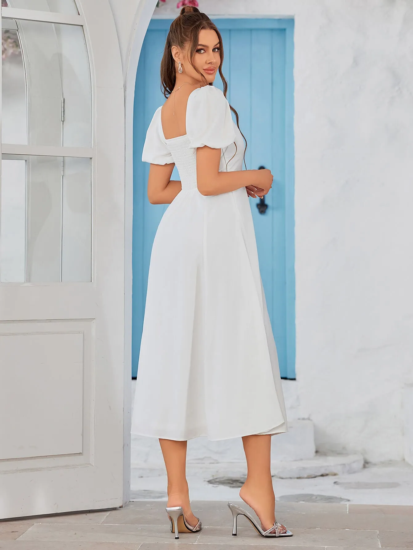 Square Neck Puff Sleeve Ruched Bust Midi Dress