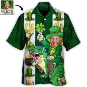 St. Patrick's Day Leprechaun Riding Dinosaur Funny Custom Photo Personalized Hawaiian Shirt For Men & Women - Personalized Photo Gifts