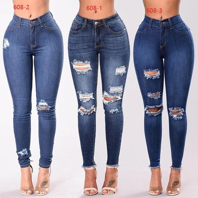 Stretch Distressed High Waist Denim Pants