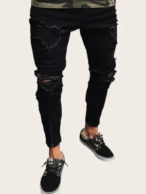 Tapered Button Fly Zip Hem Ripped Skinny Jeans