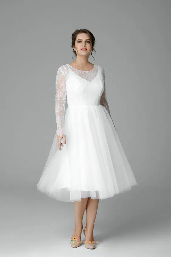 Tea Length Long Sleeve Plus Size Wedding Dress