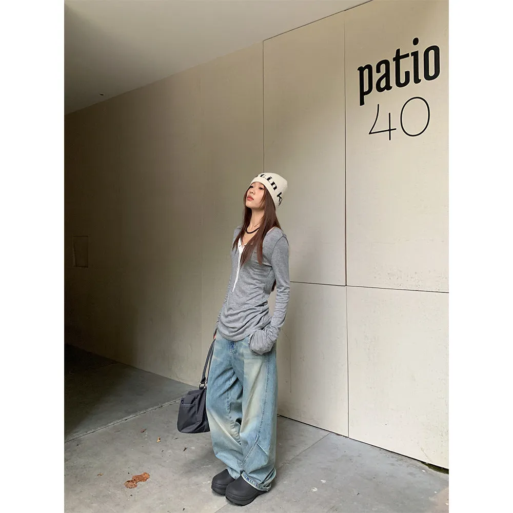 Toleet outfit ideas for school 2024 Autumn Personalized Pleated Stand Cut Design Jeans Women's Loose Tie-Dyed Wide-Leg Pants