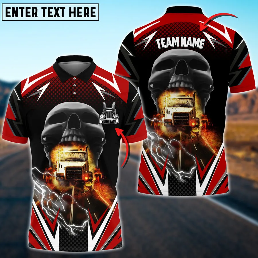 Truck Skull Thunder Lights Personalized Name 3D Polo Shirt For Truck Driver 4 Colors