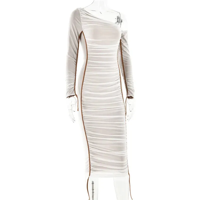 Two Layer Mesh Backless Rushed Long Sleeve Midi Dress backless bodycon Club Party Sexy Long Dress