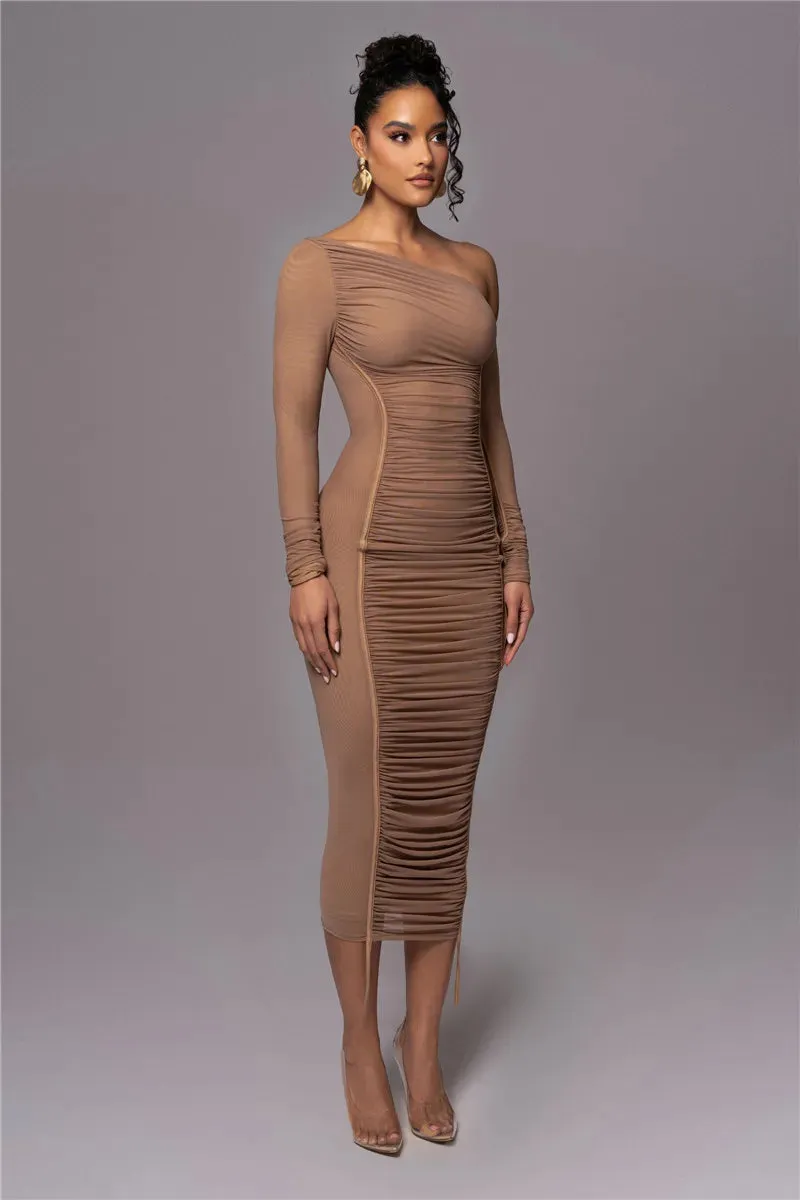 Two Layer Mesh Backless Rushed Long Sleeve Midi Dress backless bodycon Club Party Sexy Long Dress