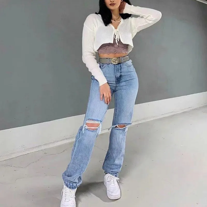 Vintage Hollow Out Jeans Denim Pants Trousers