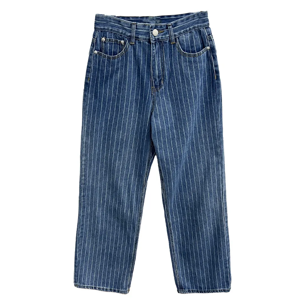 Wenkouban Korean Style 2024 Personalized Heart-Shaped Striped jeans Women's All-Match Street Style Straight Pants Women