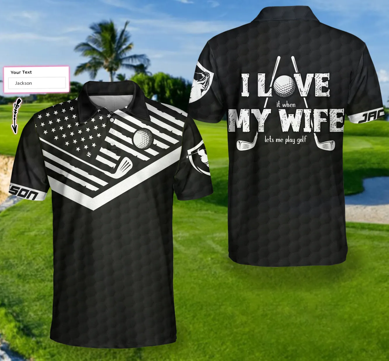 When My Wife Lets Me Play Golf Custom Polo Shirt, Personalized Black American Flag Golf Shirt For Men Coolspod