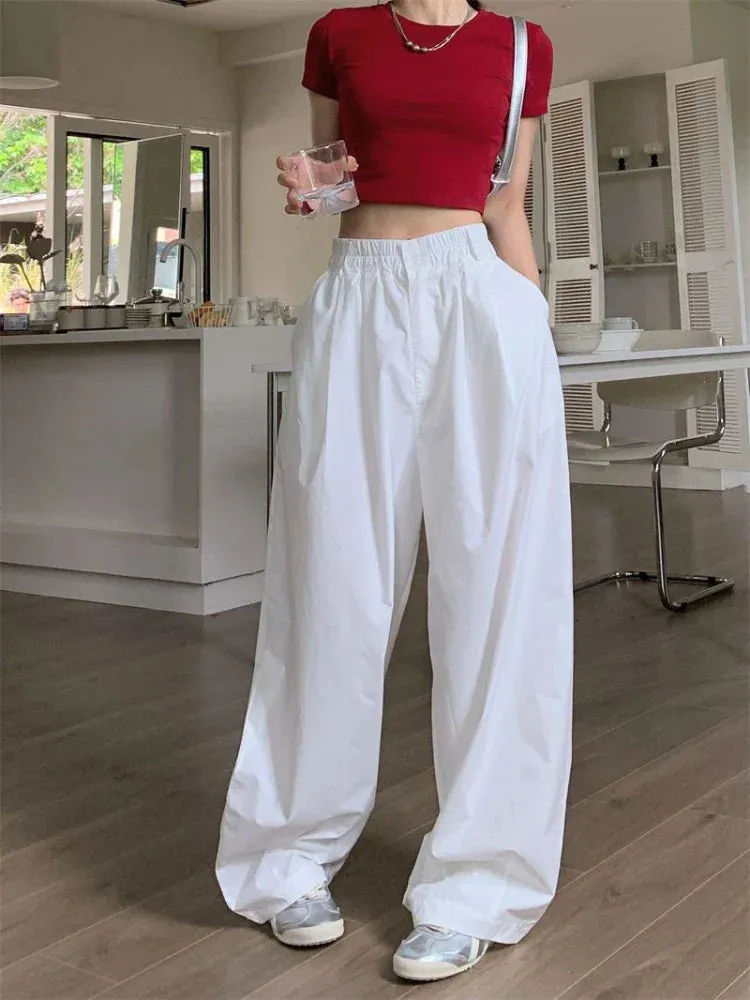 White Baggy Women Streetwear Vintage High Waist Wide Leg Jogging Pants