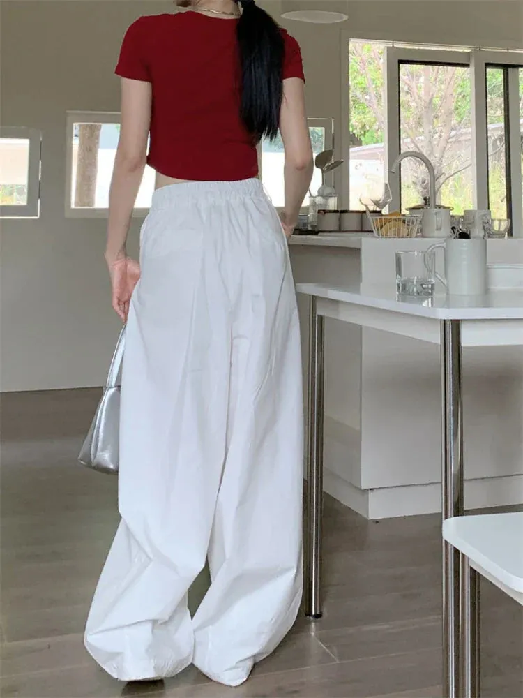White Baggy Women Streetwear Vintage High Waist Wide Leg Jogging Pants