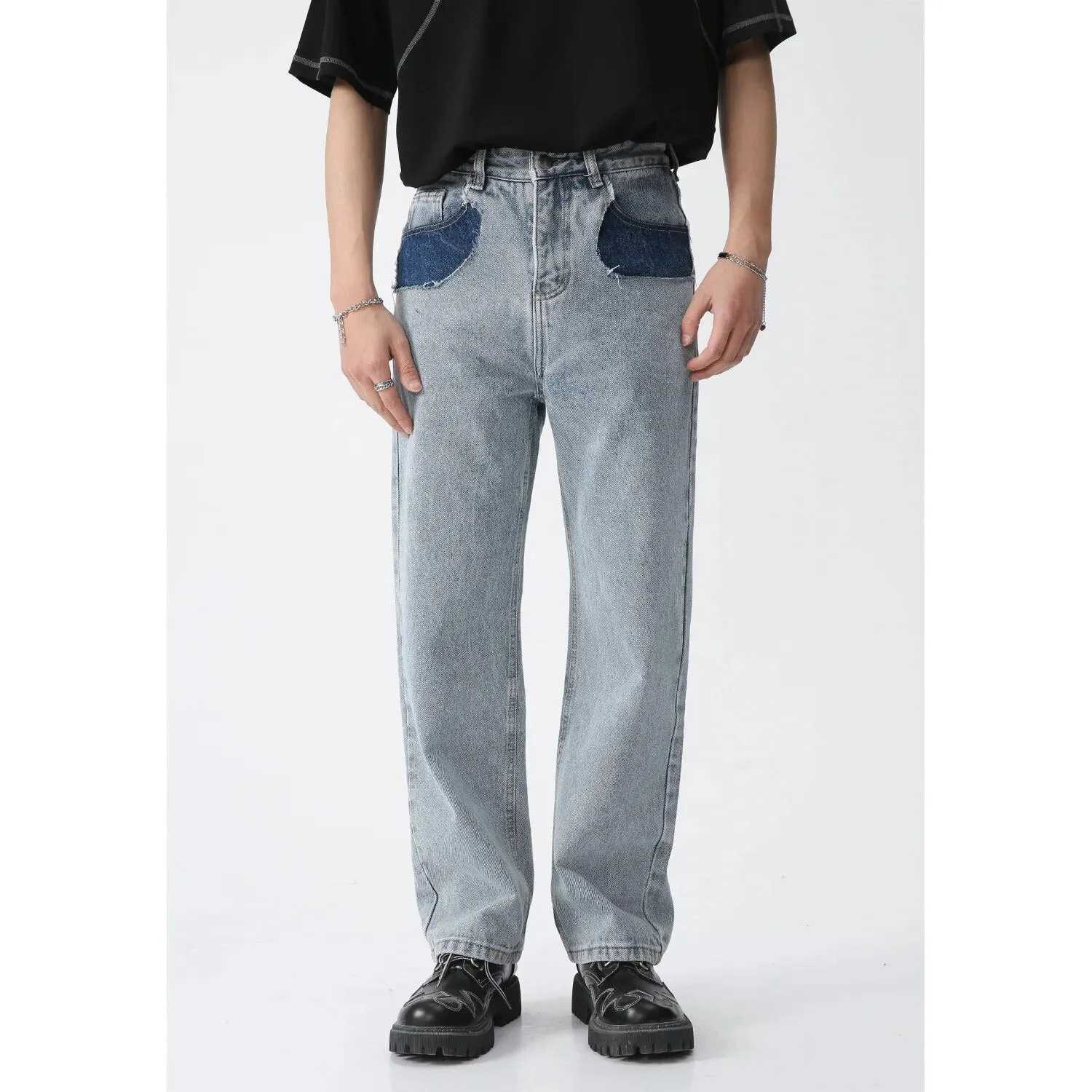 Wiaofellas Trendy Men's Wear Casual Loose Straight Jeans Four Seasons Jeans Contrast Color Pocket Personalized Male Wide Leg Denim Pants