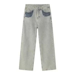 Wiaofellas Trendy Men's Wear Casual Loose Straight Jeans Four Seasons Jeans Contrast Color Pocket Personalized Male Wide Leg Denim Pants