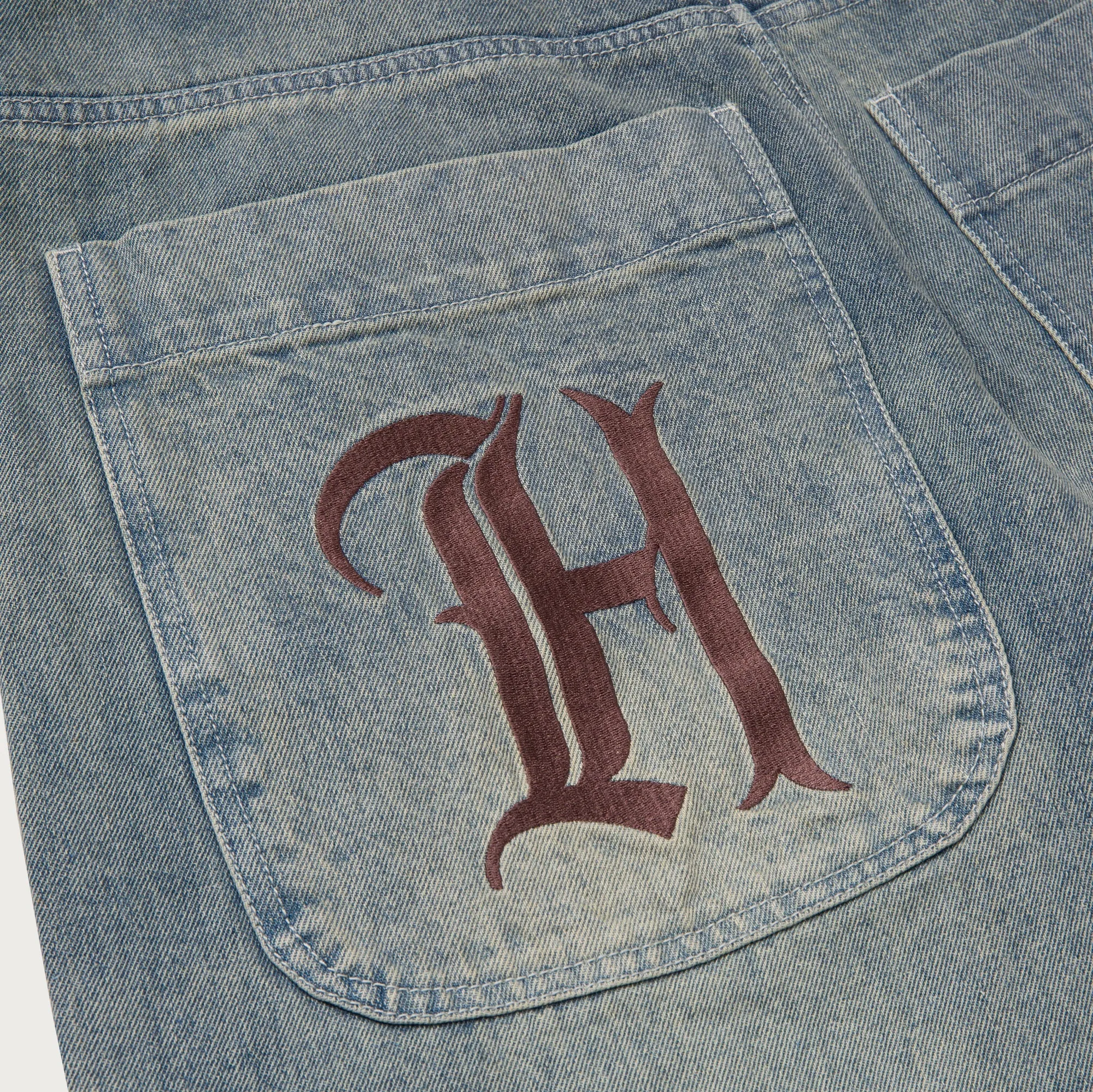 Wide Leg Stemped Denim Pant Light Indigo