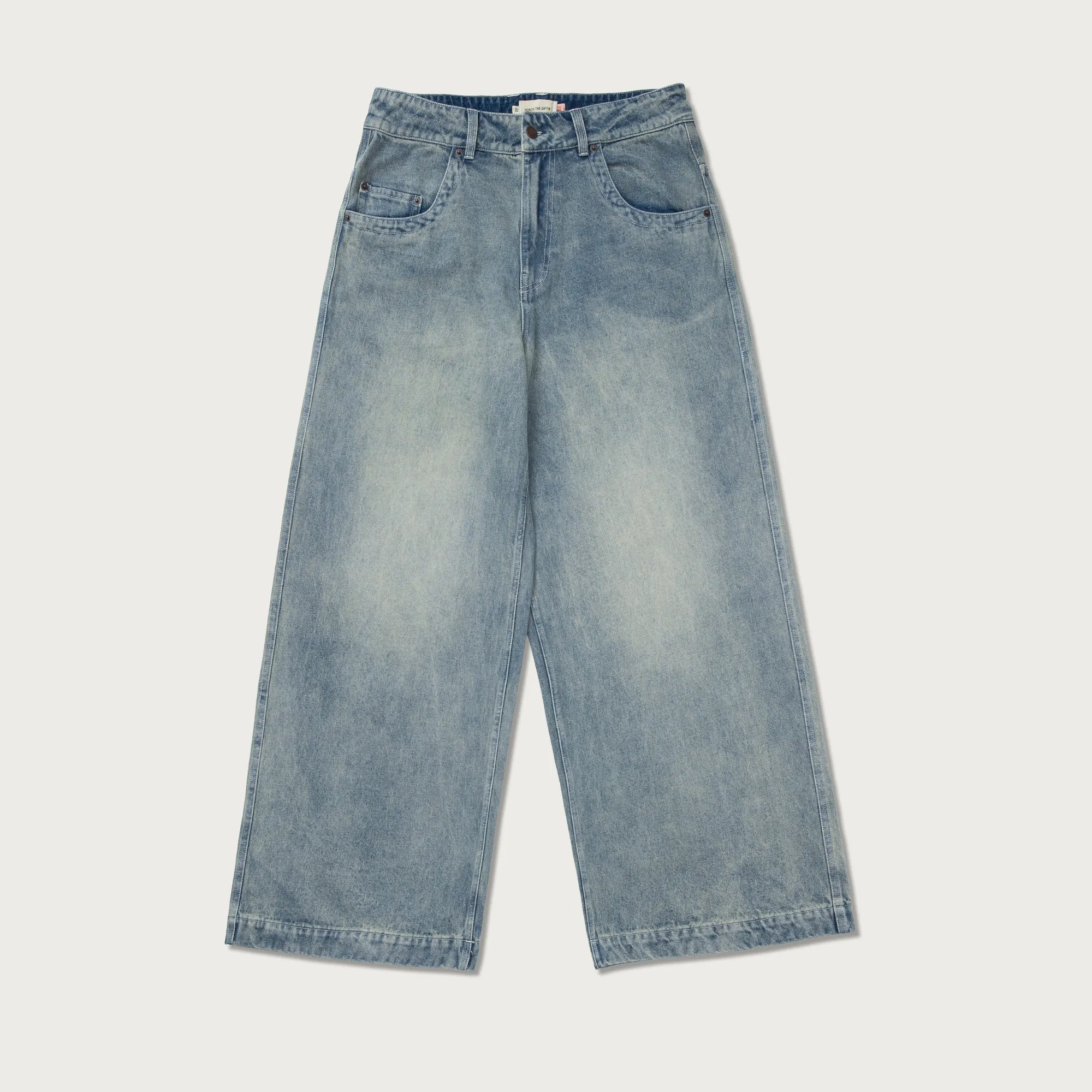 Wide Leg Stemped Denim Pant Light Indigo