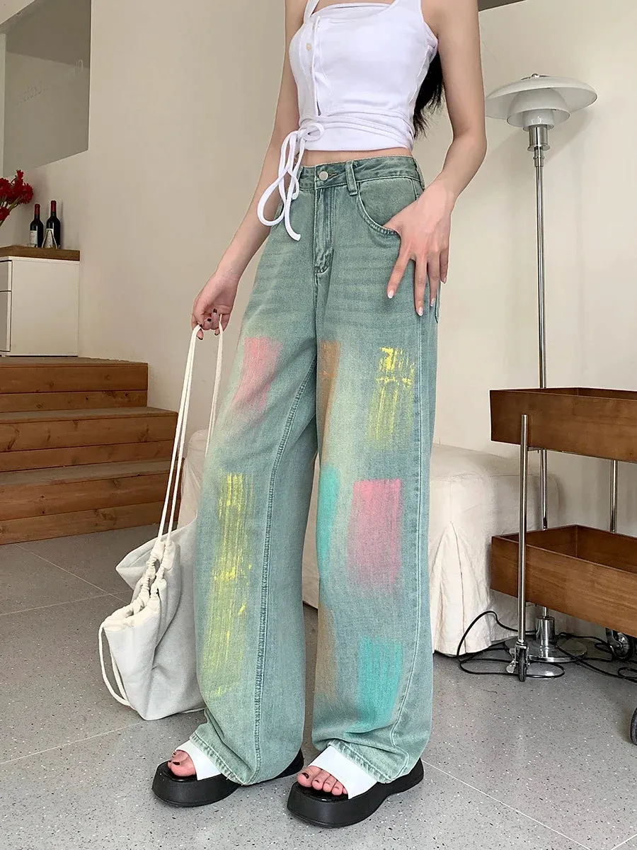 Wide-Leg Women's High-waisted Harajuku Hip Hop Streetwear Denim 2024 New Jeans
