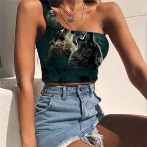 Wolf Vest Tops Women Animal Sleeveless Shirt Anime Midriff T shirt Moon Tees Graphic Wolf Pack One Shoulder Crop
