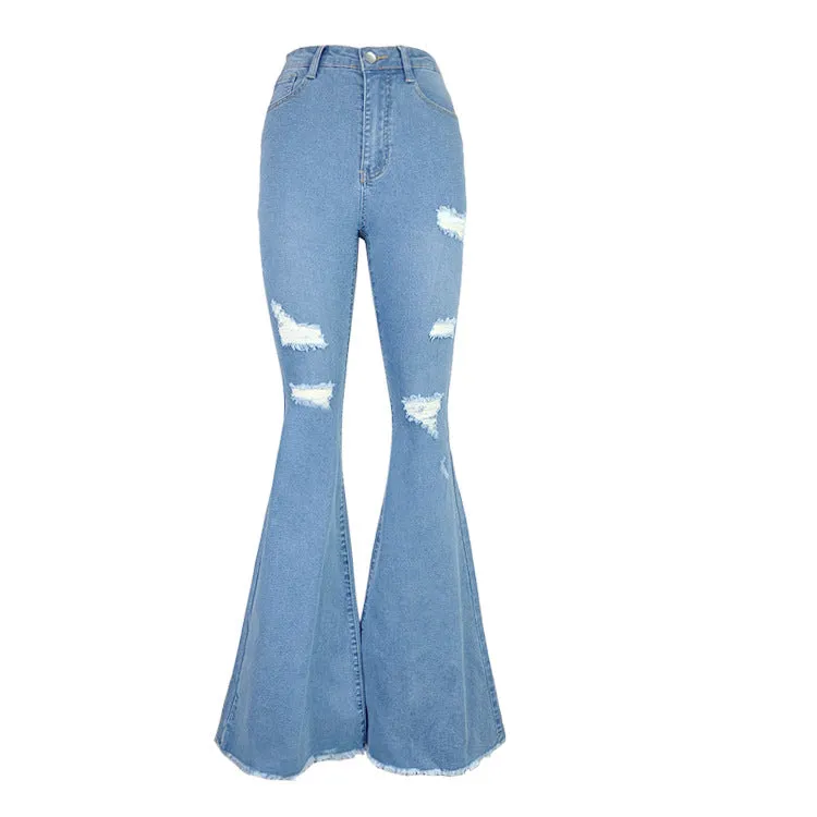 Women Destroyed Flare Jeans Elastic Waist Bell Bottom Frayed Hem Wholesale Denim Pants